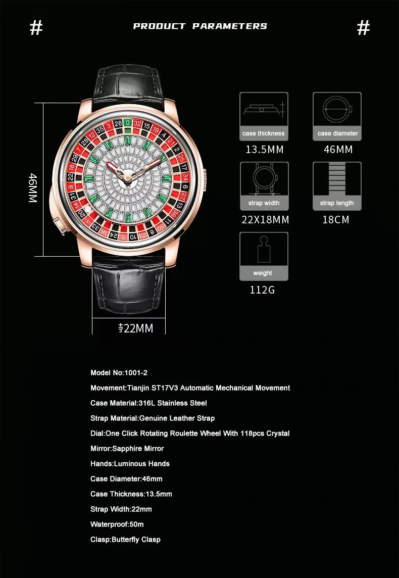 🎰 Roulette Automatic Watch – 46mm Luxury Mechanical Timepiece